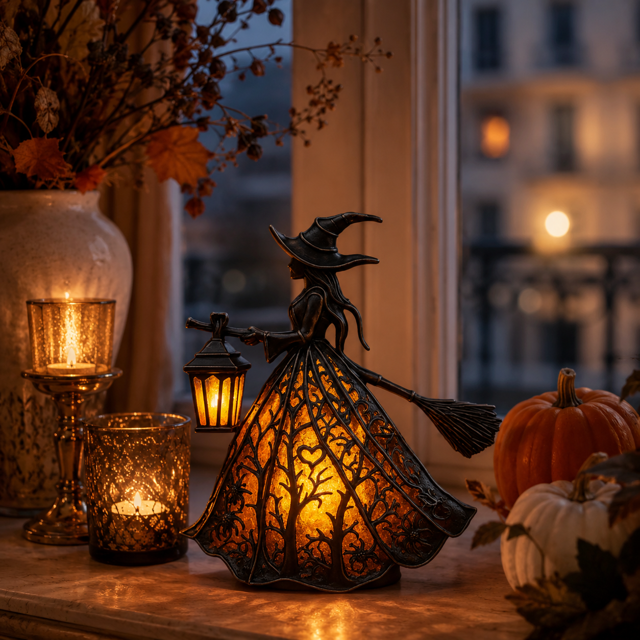 Figurine de Sorcière Illuminée avec Lanterne - Décoration de Table d'Halloween avec USB