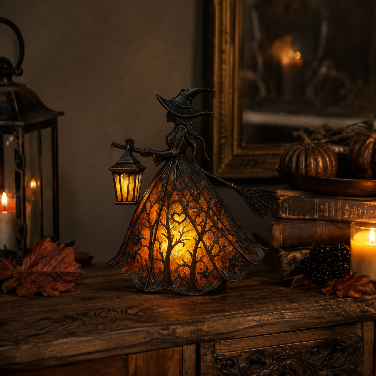 Figurine de Sorcière Illuminée avec Lanterne - Décoration de Table d'Halloween avec USB