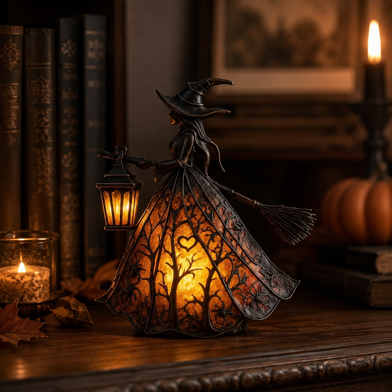 Figurine de Sorcière Illuminée avec Lanterne - Décoration de Table d'Halloween avec USB