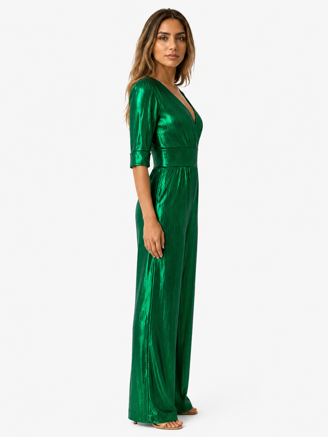 Metallisch smaragdgrüner Damen-Overall mit weitem, fließendem Bein