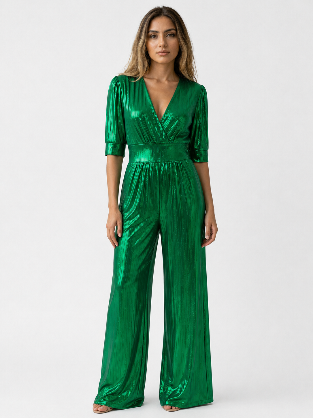 Metallisch smaragdgrüner Damen-Overall mit weitem, fließendem Bein