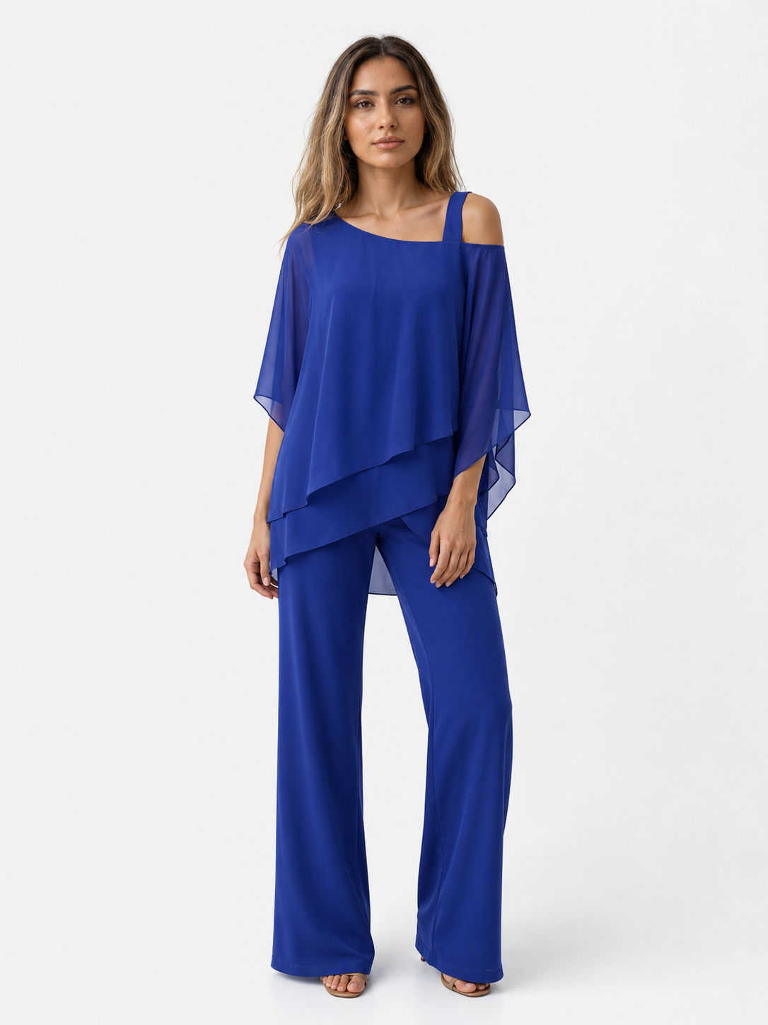 Damen Zweiteiler aus Polyester mit asymmetrischem Oberteil und weitem Hosenbein