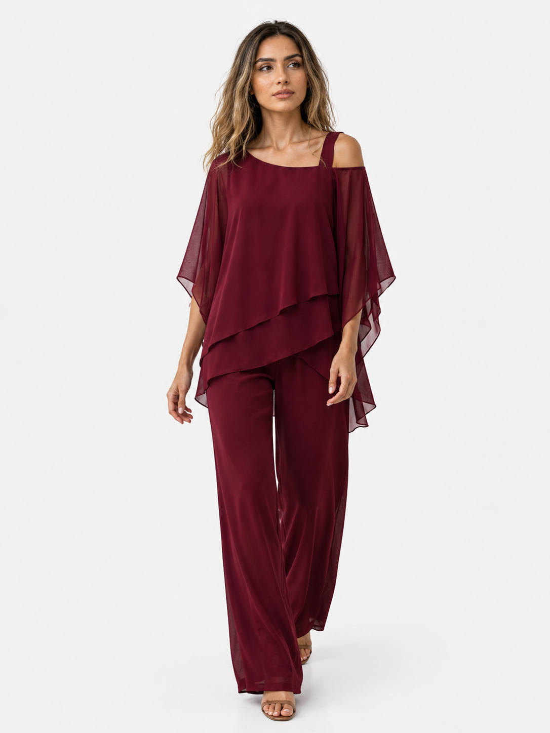 Damen Zweiteiler aus Polyester mit asymmetrischem Oberteil und weitem Hosenbein