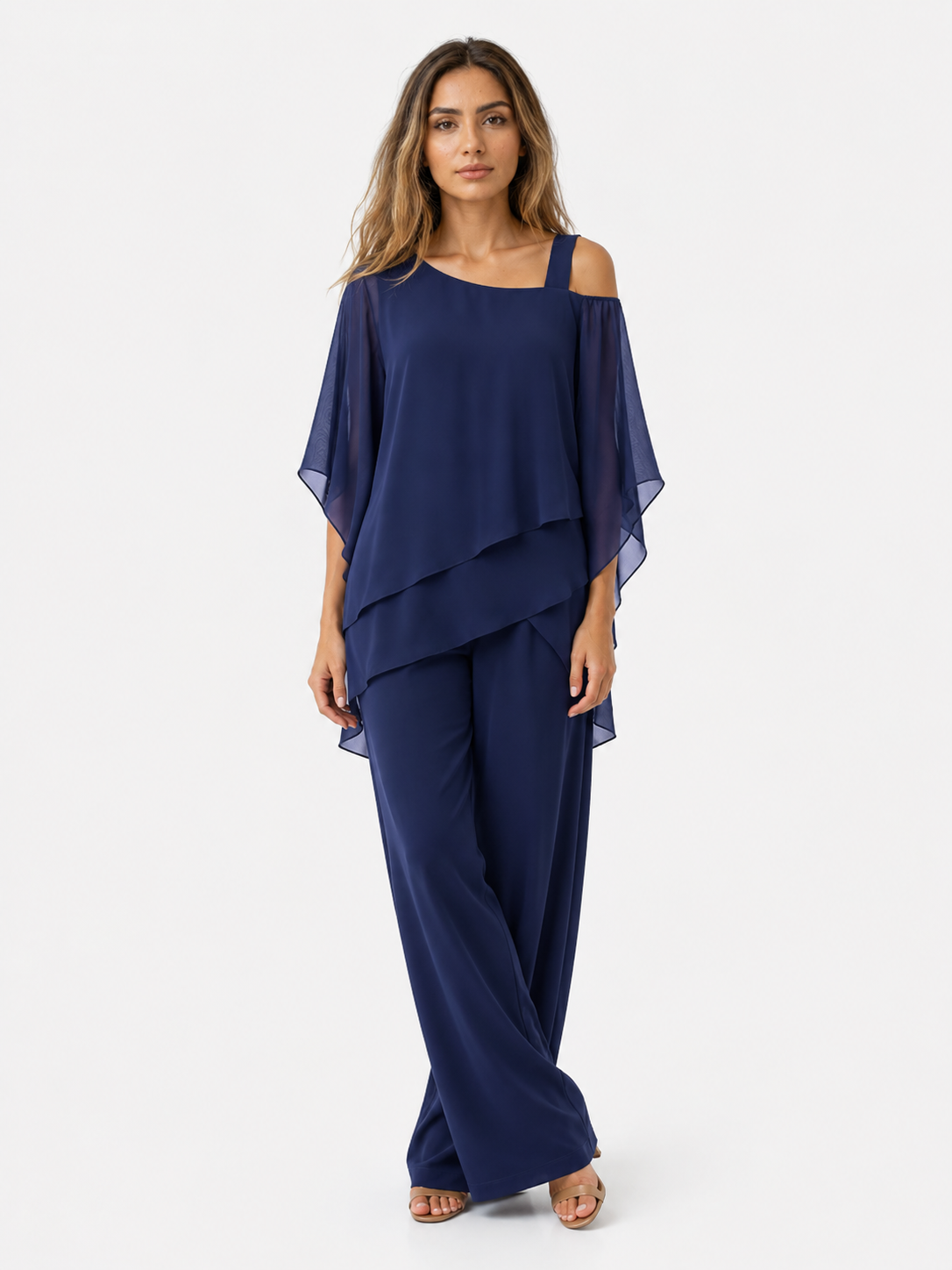 Damen Zweiteiler aus Polyester mit asymmetrischem Oberteil und weitem Hosenbein