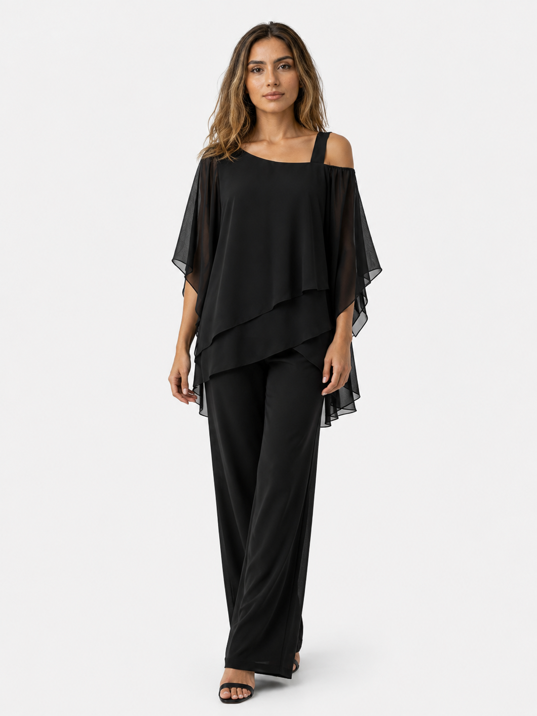 Damen Zweiteiler aus Polyester mit asymmetrischem Oberteil und weitem Hosenbein