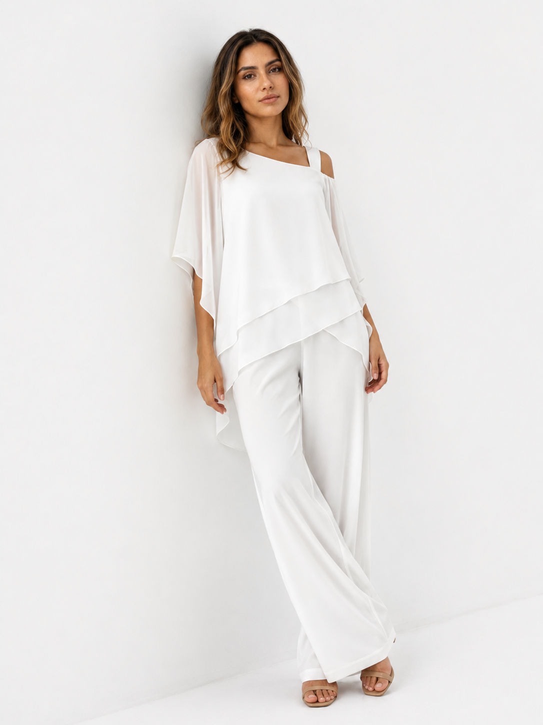 Damen Zweiteiler aus Polyester mit asymmetrischem Oberteil und weitem Hosenbein