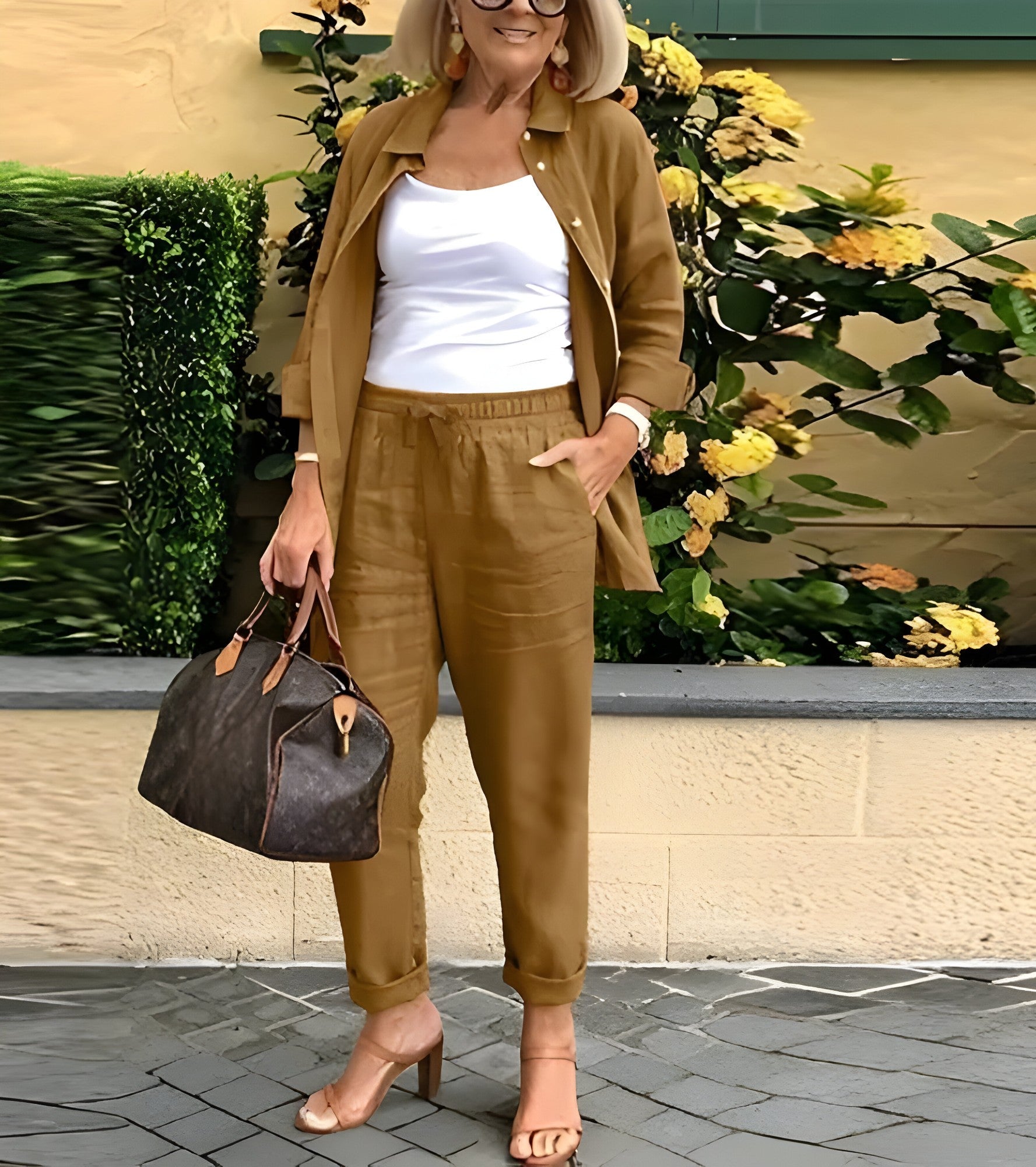 Ensemble Lin Coton Femme Élégant Pantalon & Chemise Fluide Beige S-XL