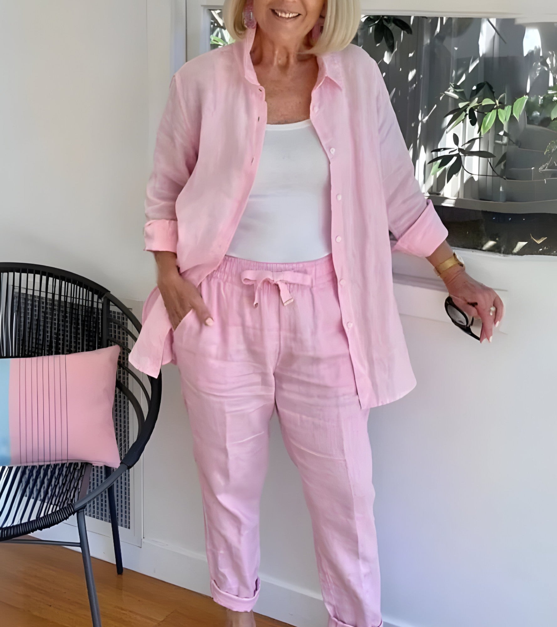 Ensemble Lin Coton Femme Élégant Pantalon & Chemise Fluide Beige S-XL