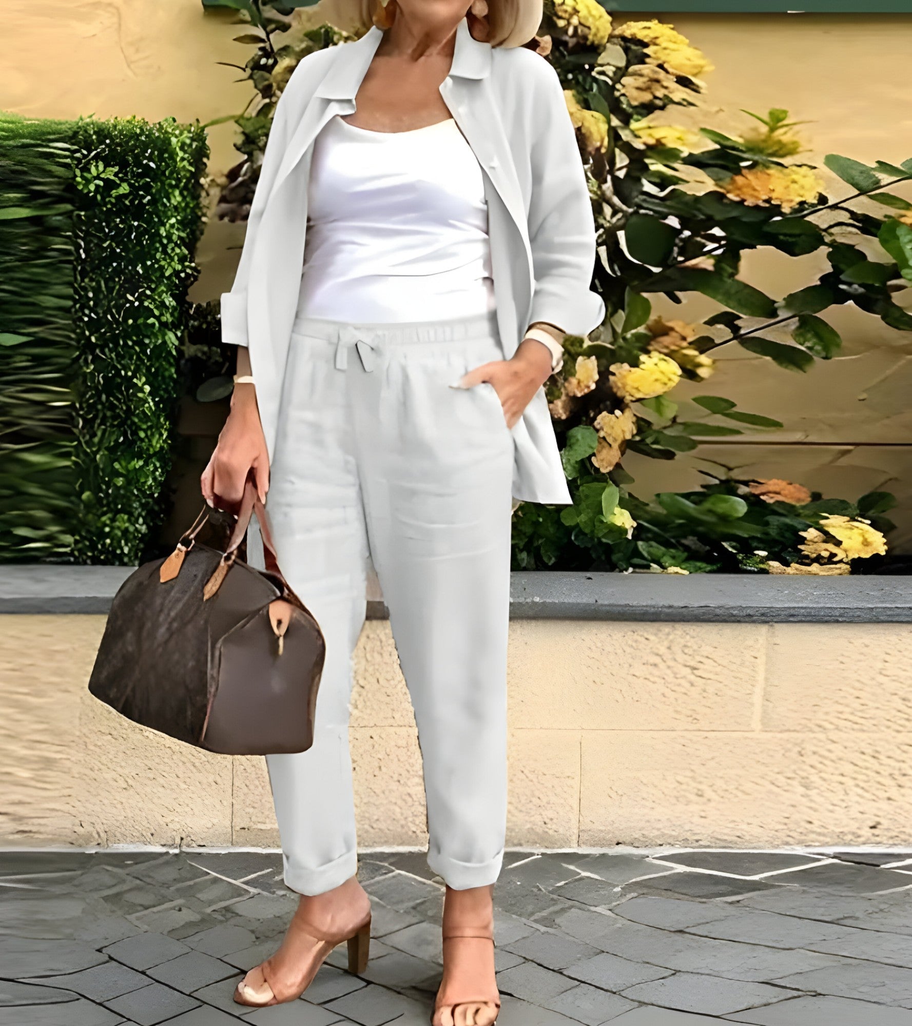 Ensemble Lin Coton Femme Élégant Pantalon & Chemise Fluide Beige S-XL