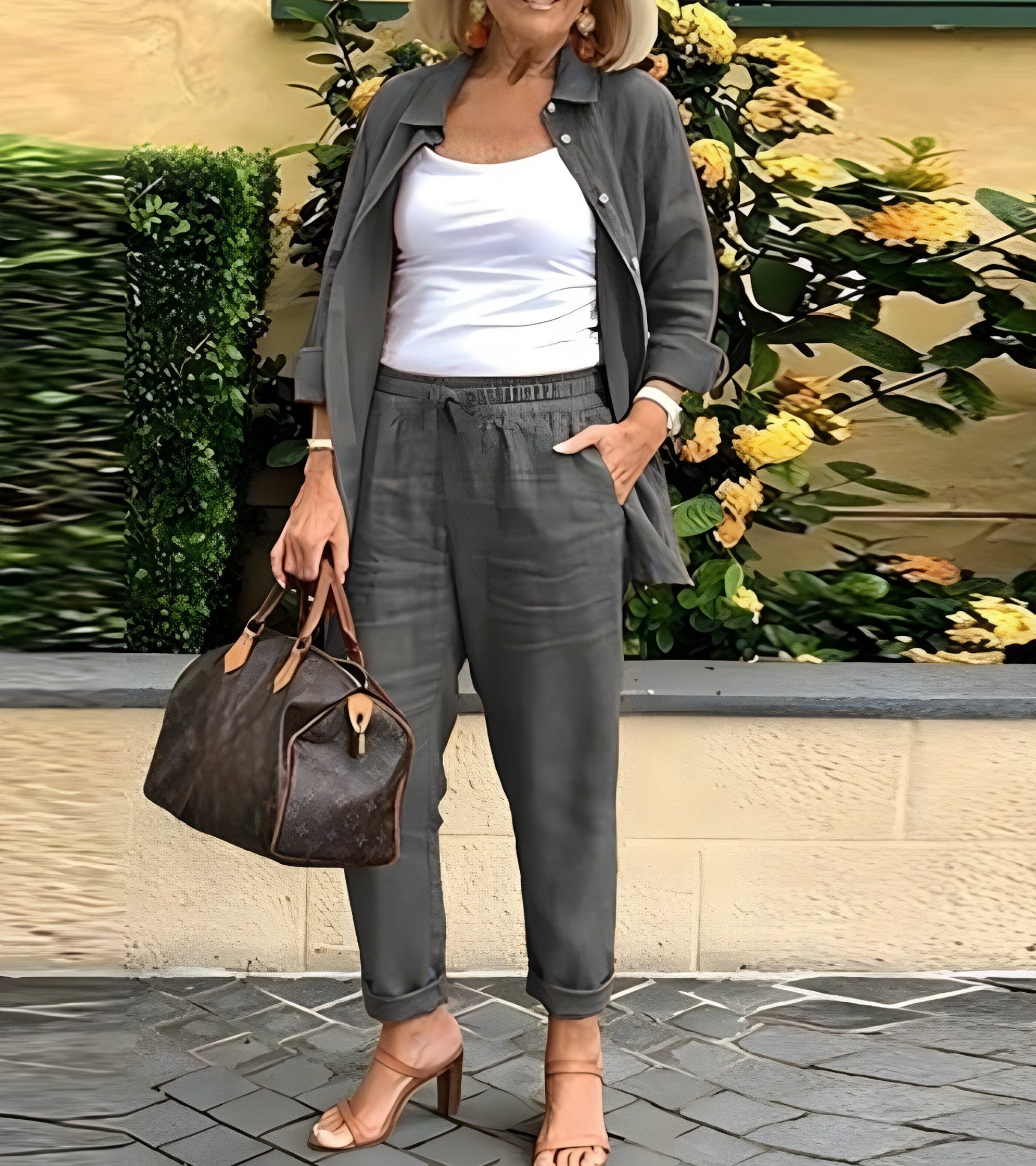 Ensemble Lin Coton Femme Élégant Pantalon & Chemise Fluide Beige S-XL