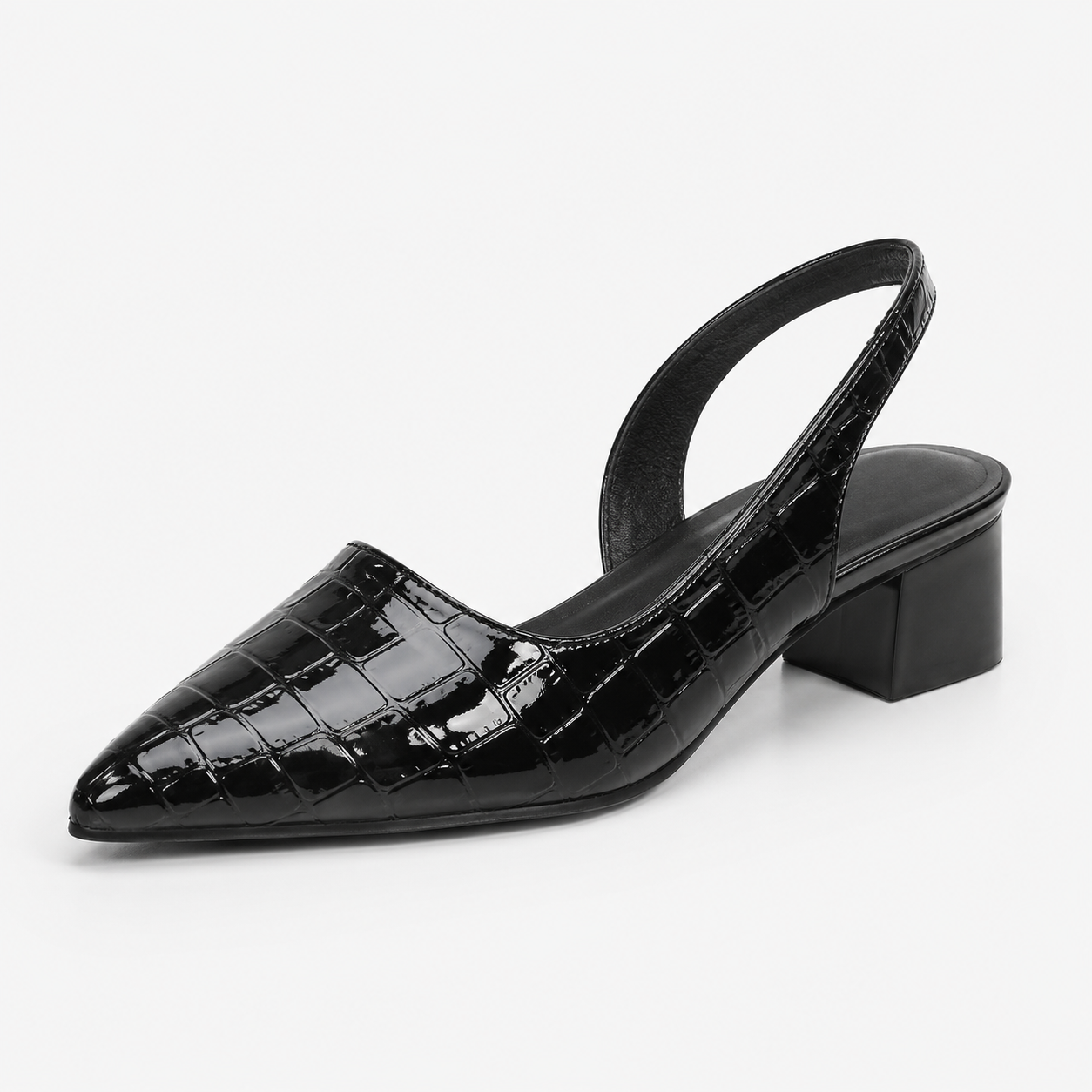 Pumps mit Blockabsatz, Fersenriemen und Krokoprägung