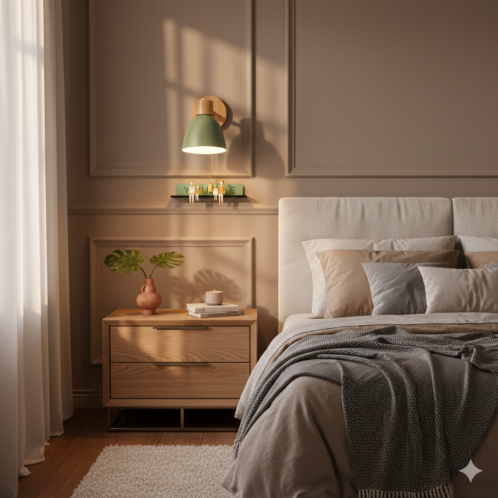 Applique murale moderne avec bras incliné, bois, abat-jour conique