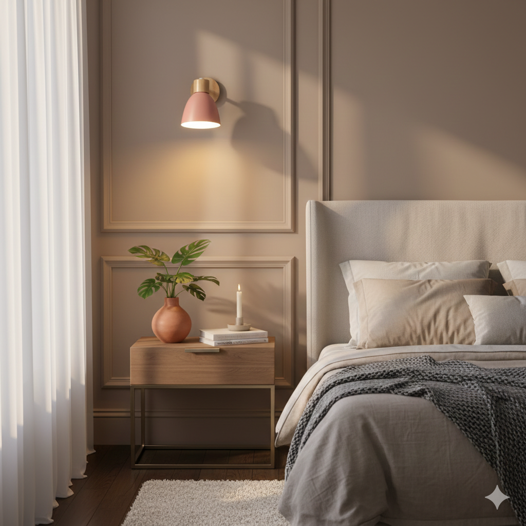 Applique murale moderne avec bras incliné, bois, abat-jour conique