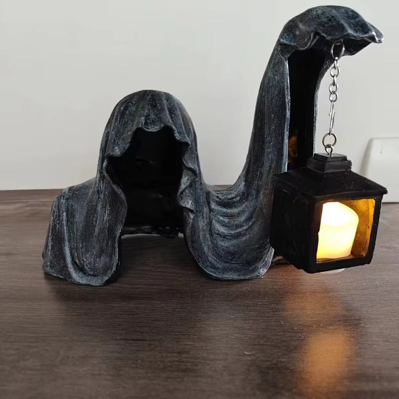 Figure de Fantôme avec Lanterne - Décoration Halloween Lumineuse Grise