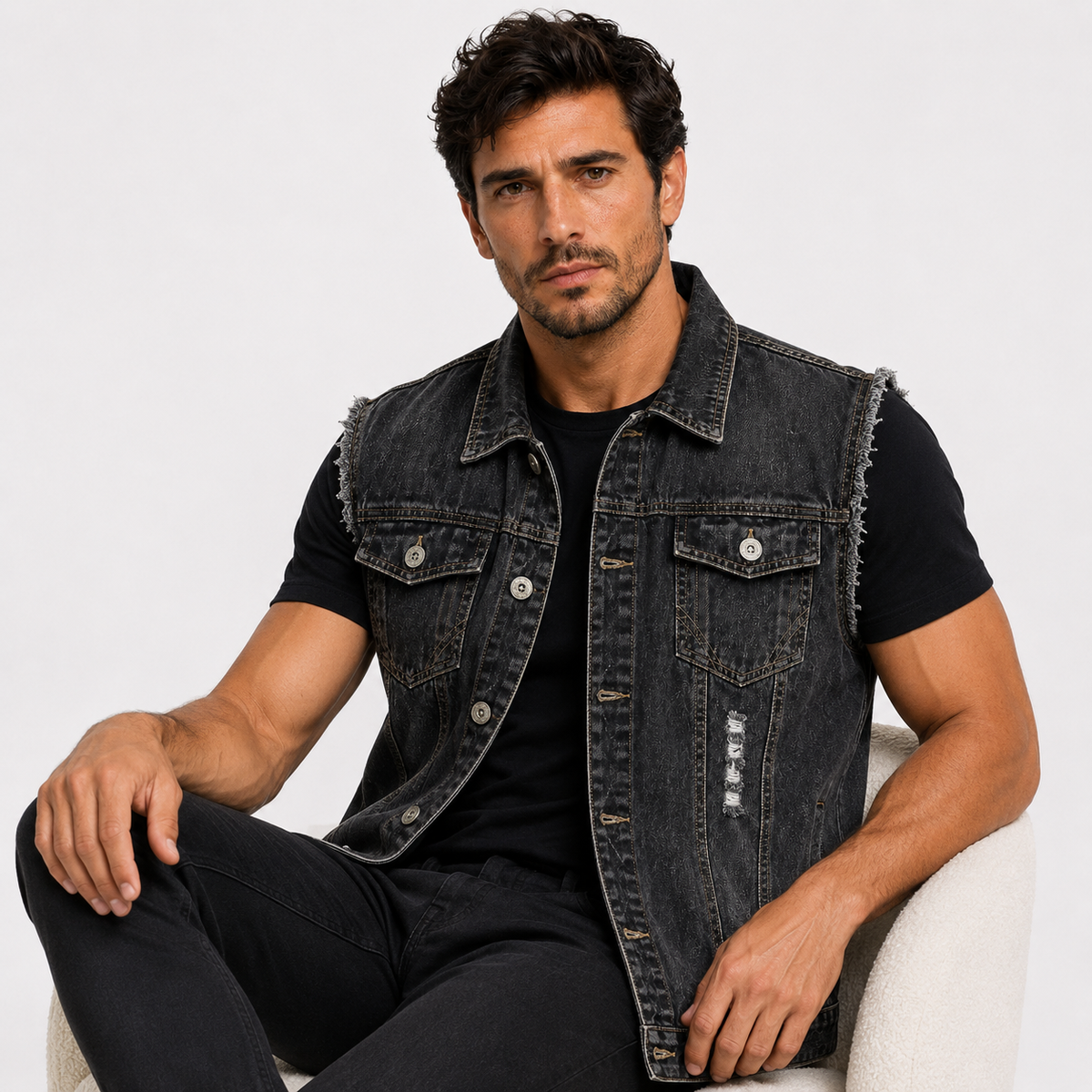 Chaleco sin mangas para hombre en denim con cierre de botones