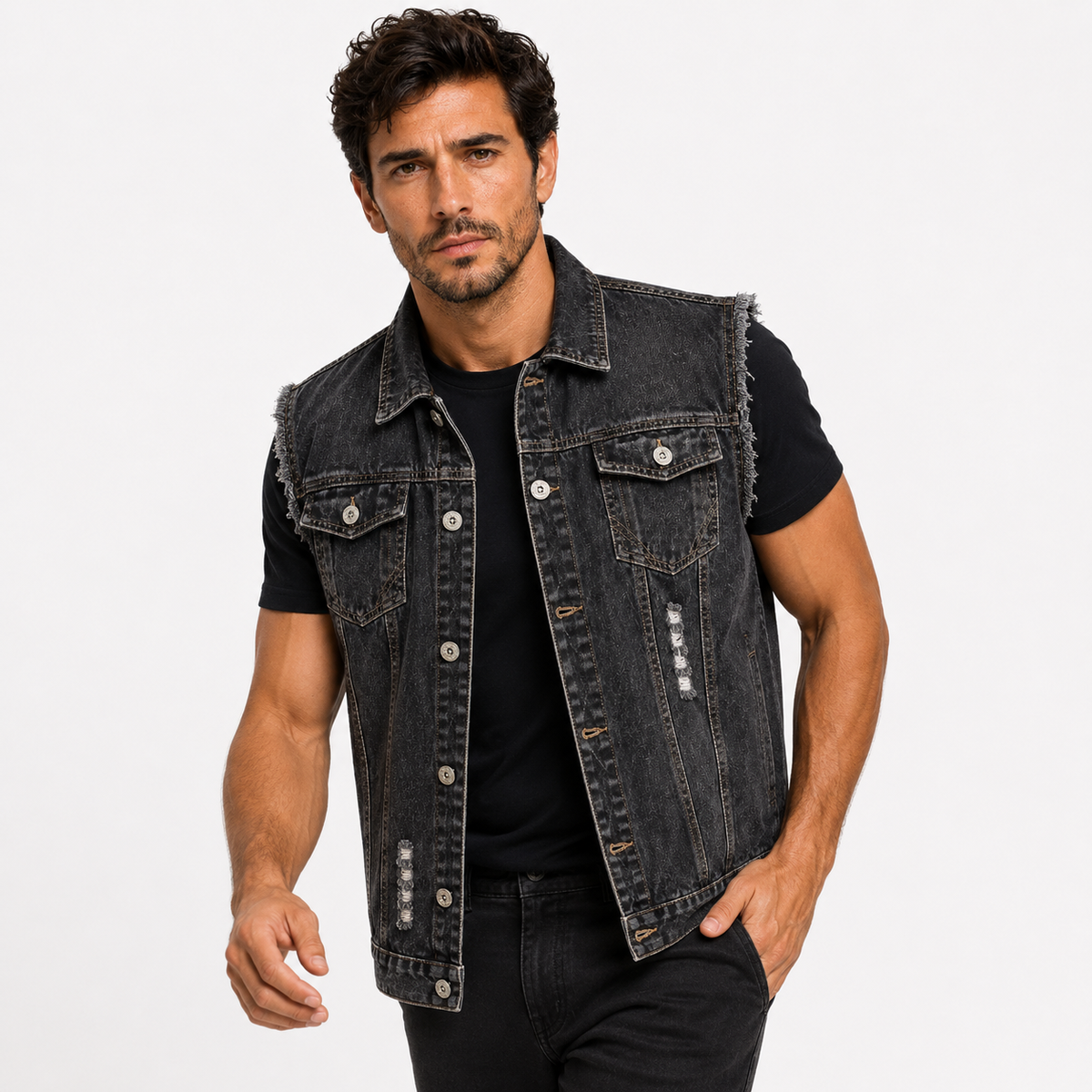 Chaleco sin mangas para hombre en denim con cierre de botones