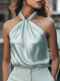 Chemisier Femme Satiné Fluide Élégant à Nœud, Manches Courtes,