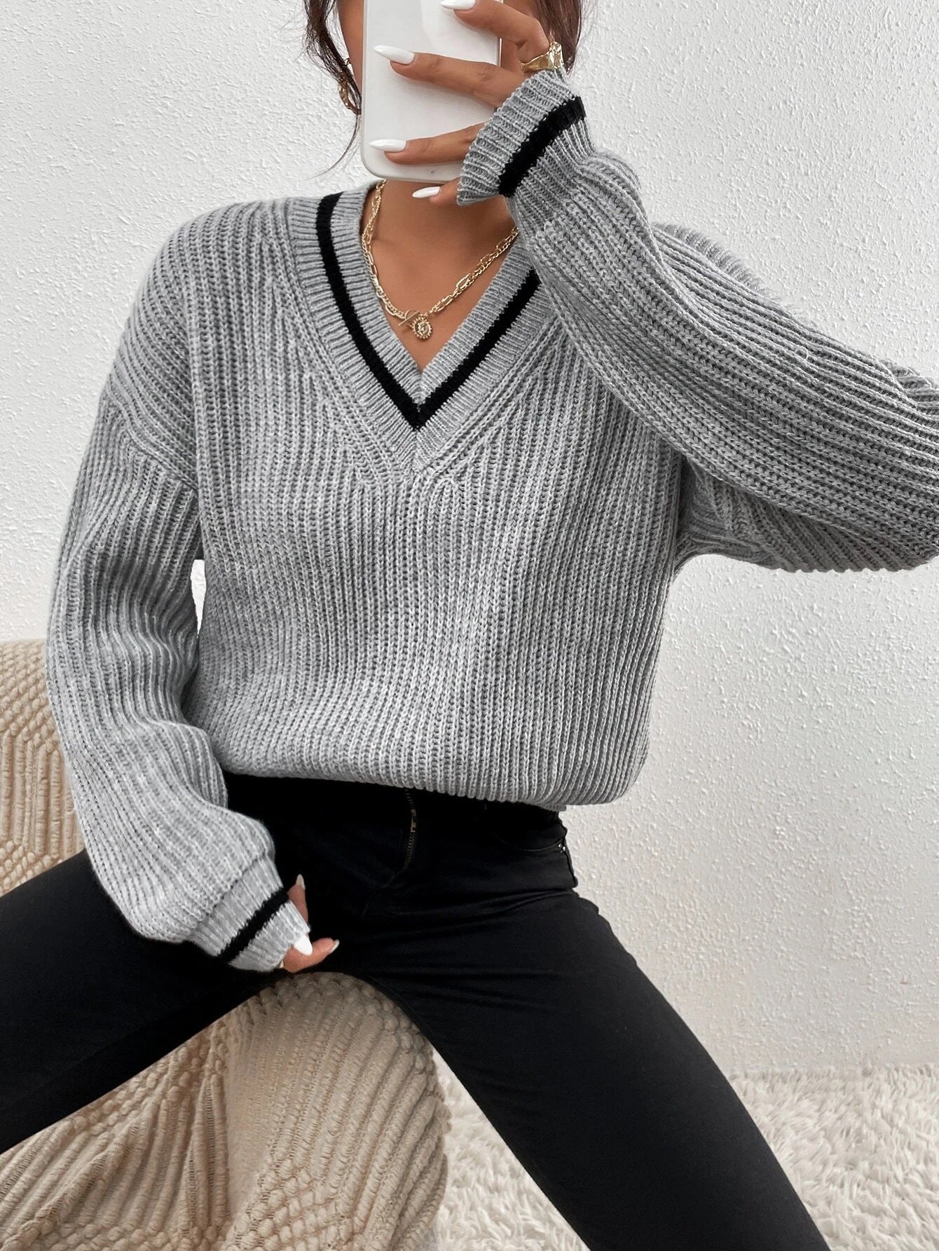 Haut Femme Patchwork Col V Casual 3
