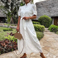Robe Midi Élégante Boutonnée avec Broderie et Ceinture Femme