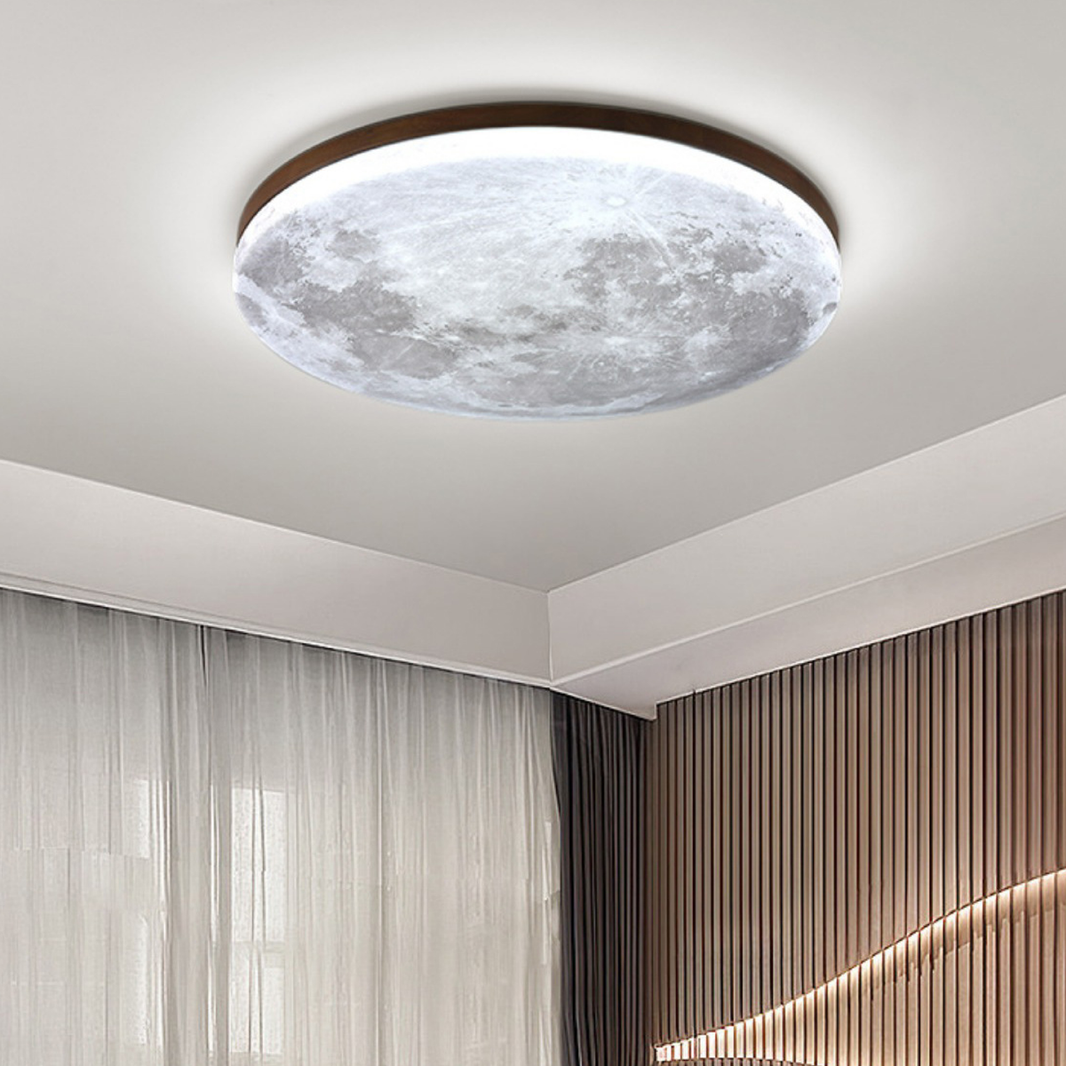 Plafonnier Lune Moderne – Design Lunaire 3D avec Cadre en Bois