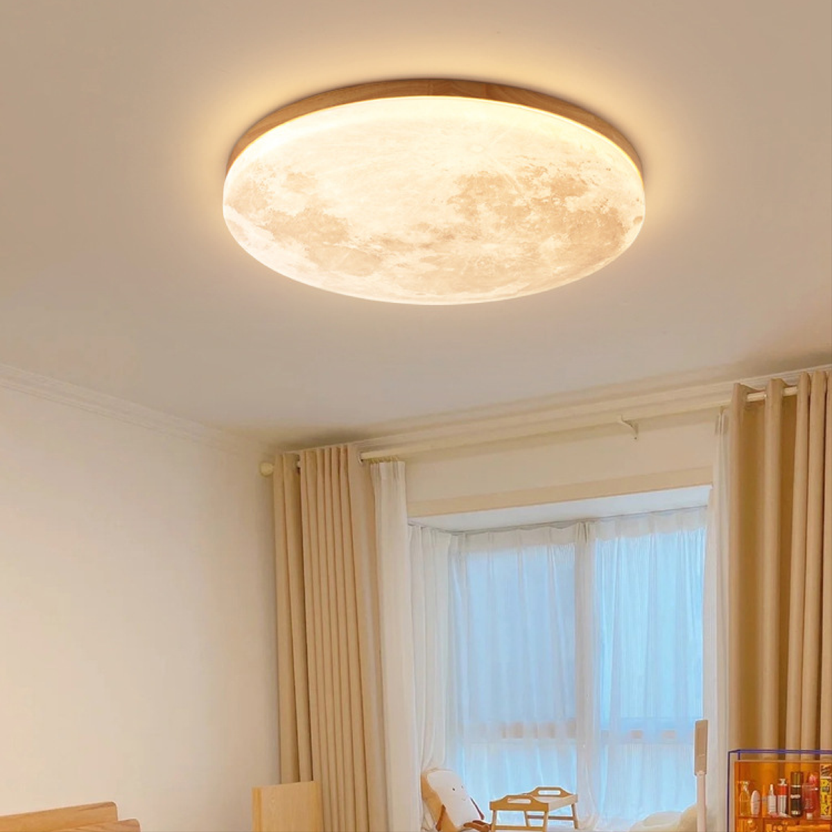 Plafonnier Lune Moderne – Design Lunaire 3D avec Cadre en Bois