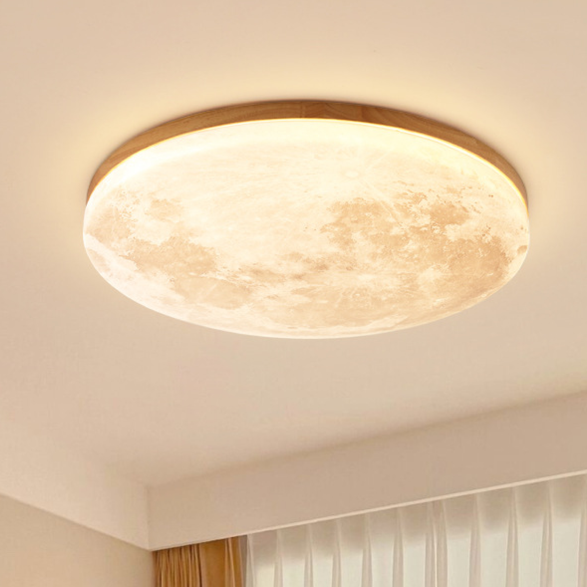 Plafonnier Lune Moderne – Design Lunaire 3D avec Cadre en Bois