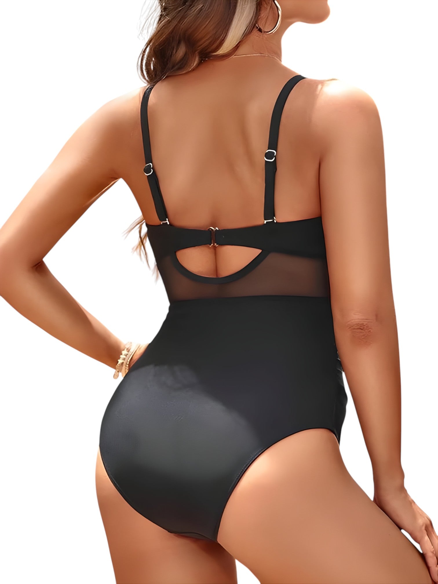 Maillot de Bain 1 Pièce Femme Noir Sculptant Tulle Élégant -