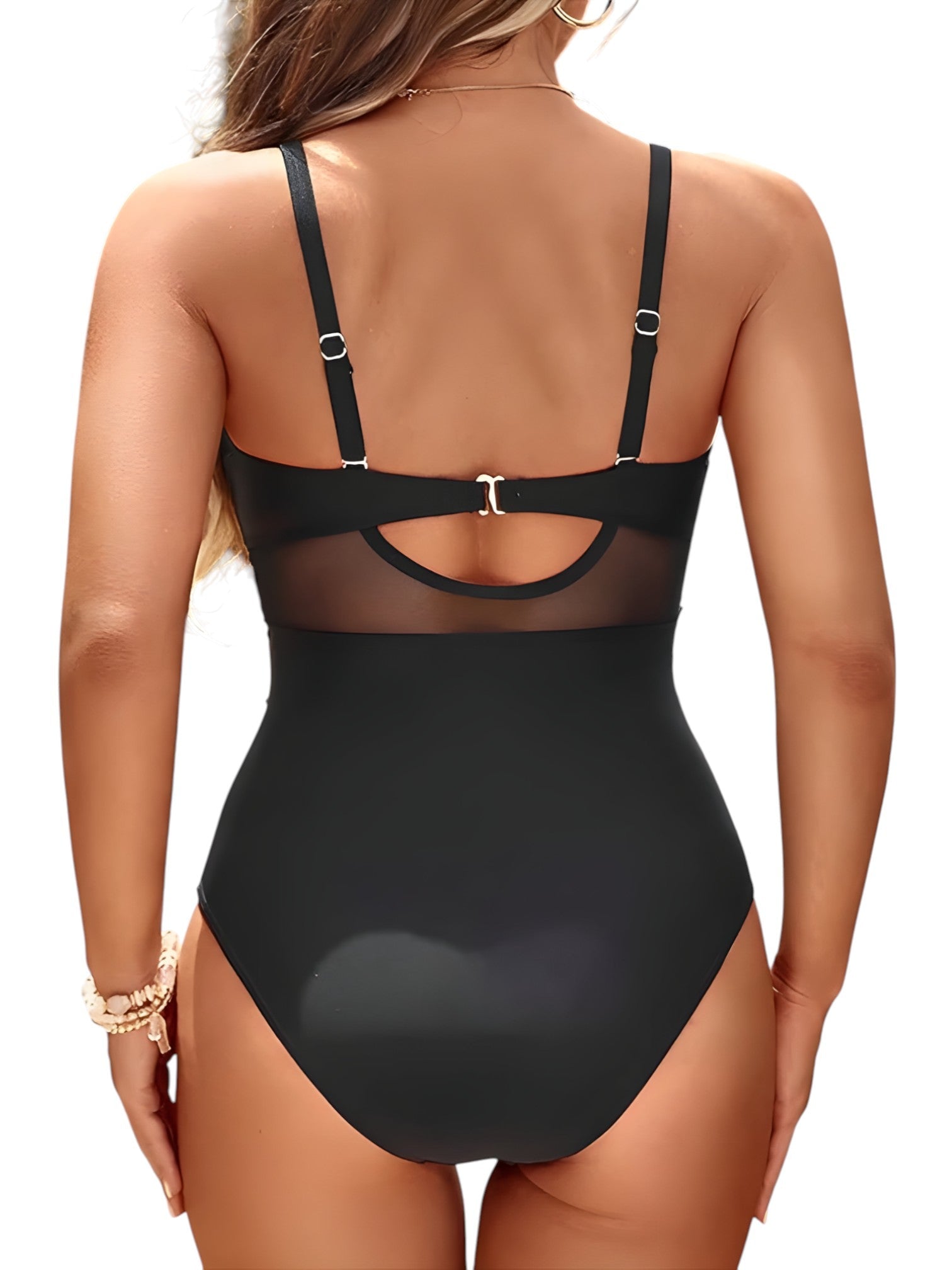 Maillot de Bain 1 Pièce Femme Noir Sculptant Tulle Élégant -