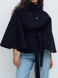 Cape-Mantel aus Polyesterwolle mit Stehkragen für Damen