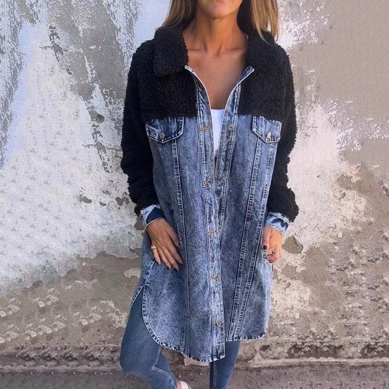 Manteau Long Femme Hiver en Denim Sherpa 3