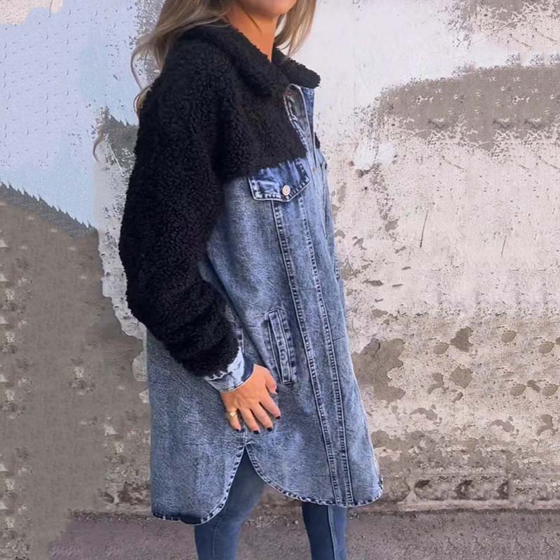 Manteau Long Femme Hiver en Denim Sherpa 4
