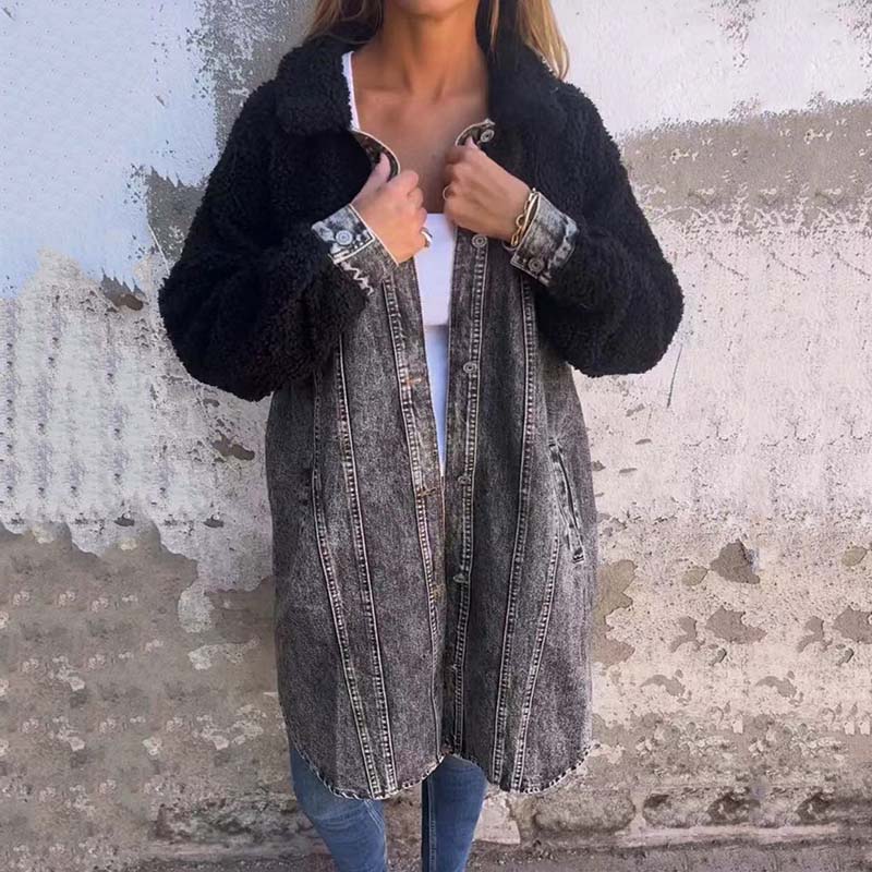 Manteau Long Femme Hiver en Denim Sherpa 7