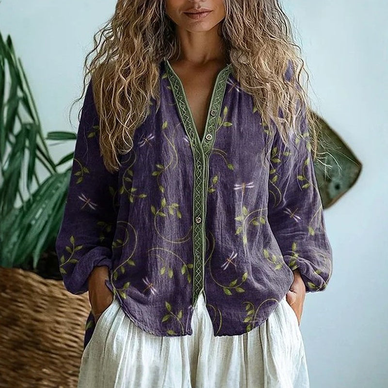 Blouse Femme en Lin Bohème, Imprimé Floral, Col V