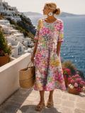 Robe d'été midi femme | Motif floral coloré & Coupe trapèze décontractée