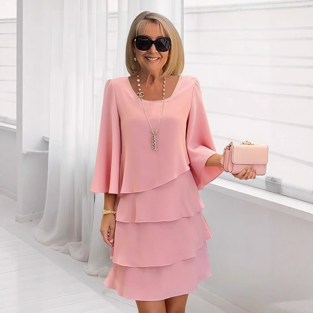 Robe midi fluide à volants, coupe évasée et style chic