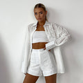 Sommerliches zweiteiliges besticktes Set (Hemd & Shorts) aus Naturbaumwolle für Damen