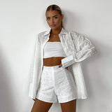 Set de vară două piese brodat (cămașă și pantaloni scurți) din bumbac natural pentru femei