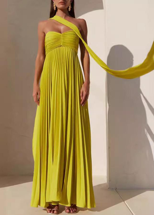 Simple Elegant Look Tube Dress with Pleats and Ribbon - XS / Yellow