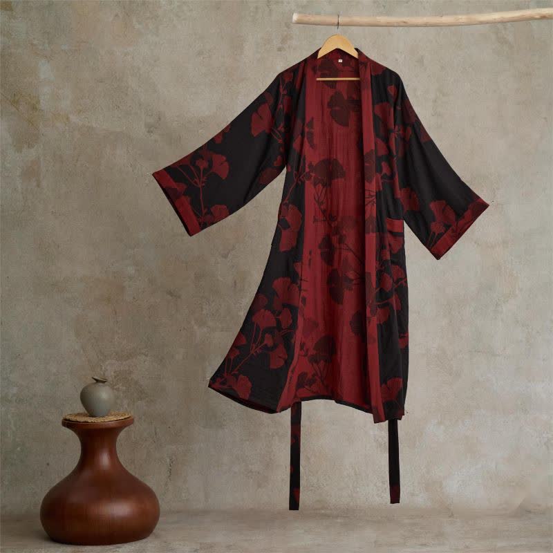 Kimono Peignoir en Coton avec Motif Feuille Réversible