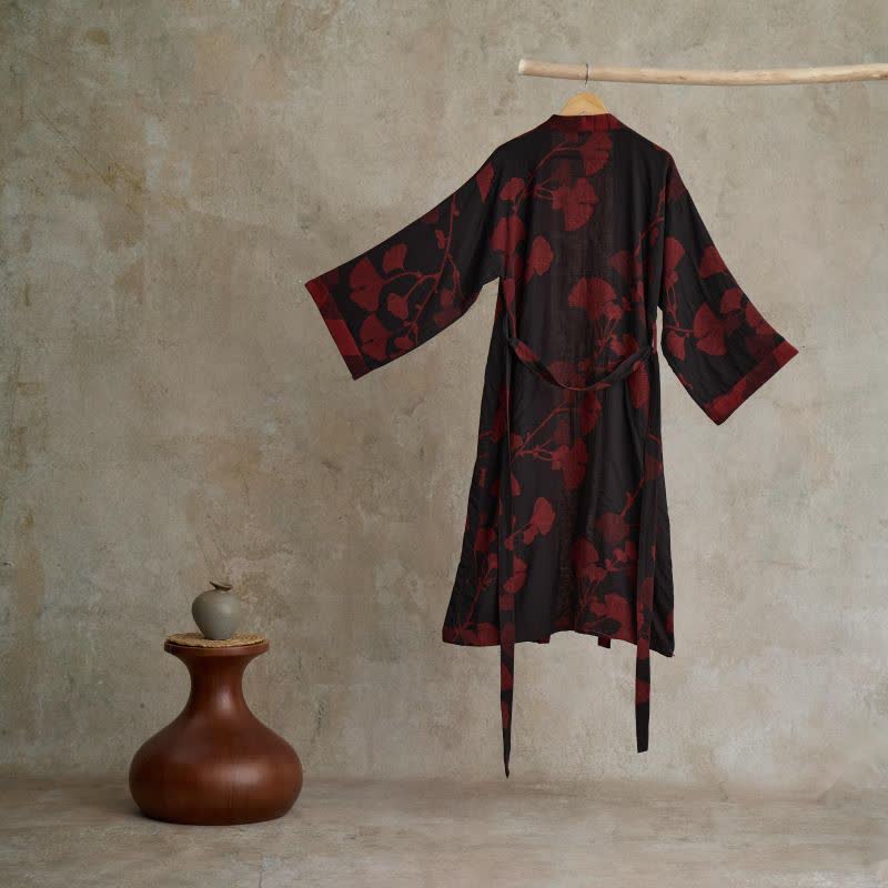 Kimono Peignoir en Coton avec Motif Feuille Réversible