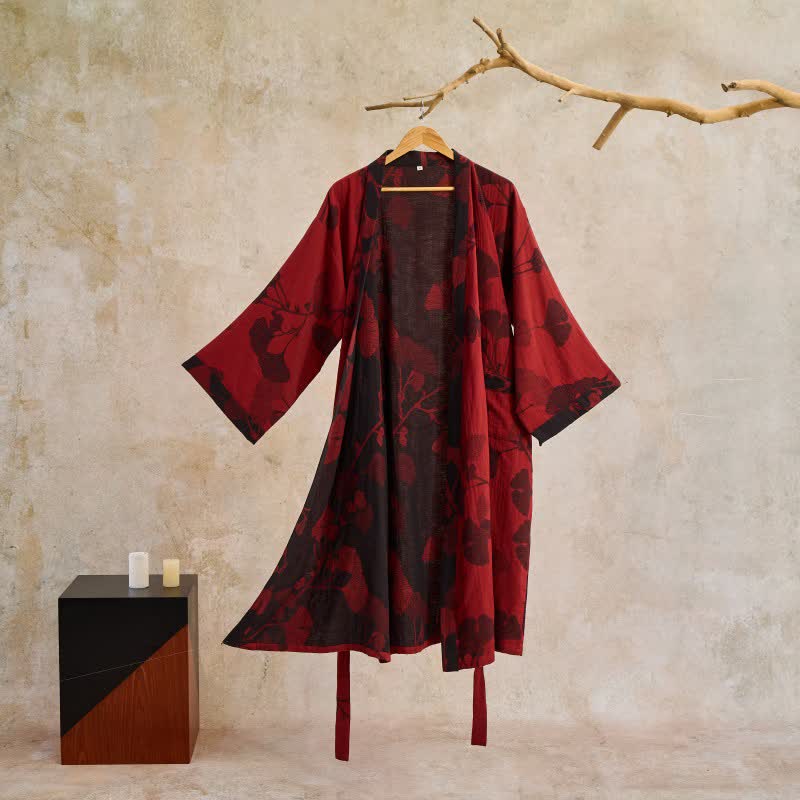 Kimono Peignoir en Coton avec Motif Feuille Réversible