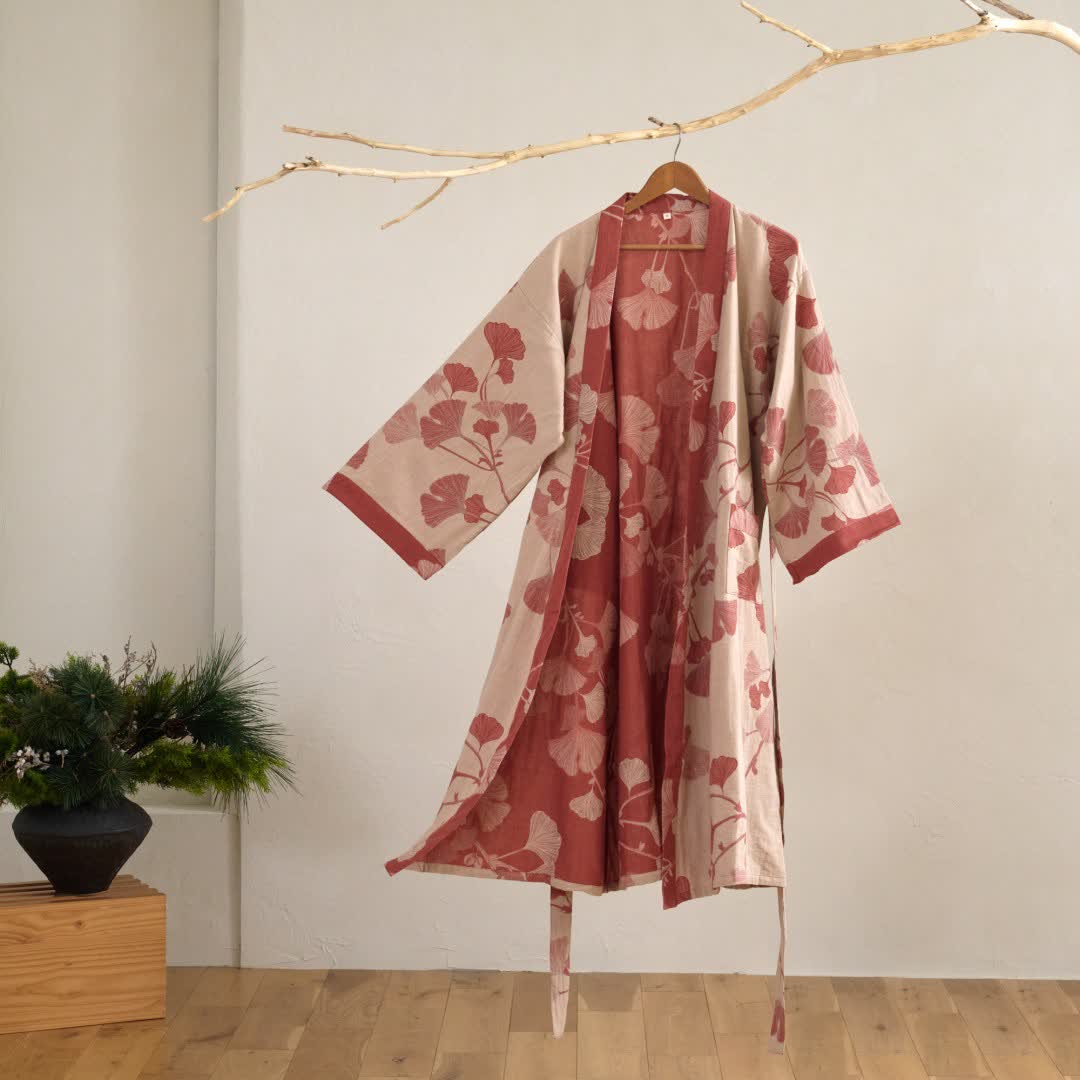 Kimono Peignoir en Coton avec Motif Feuille Réversible