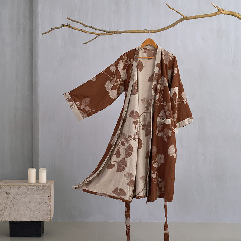 Kimono Peignoir en Coton avec Motif Feuille Réversible