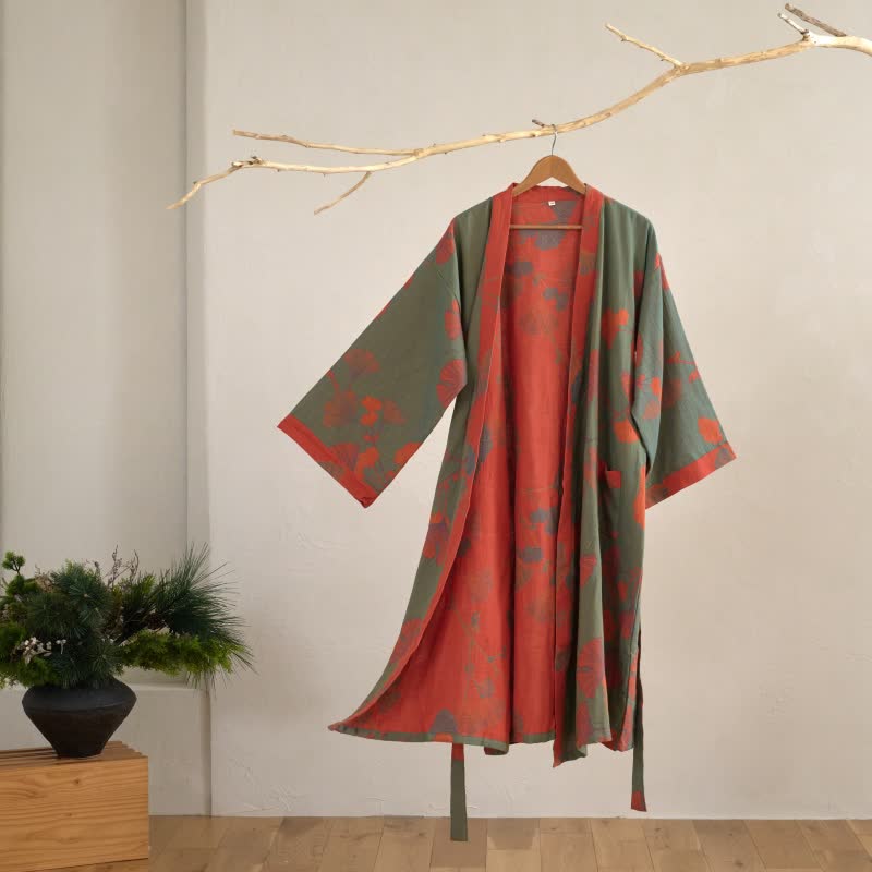 Kimono Peignoir en Coton avec Motif Feuille Réversible