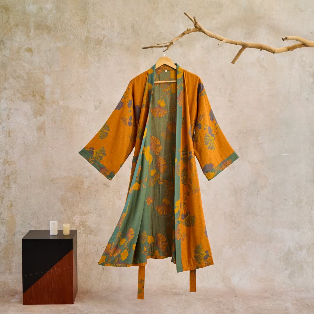 Kimono Peignoir en Coton avec Motif Feuille Réversible