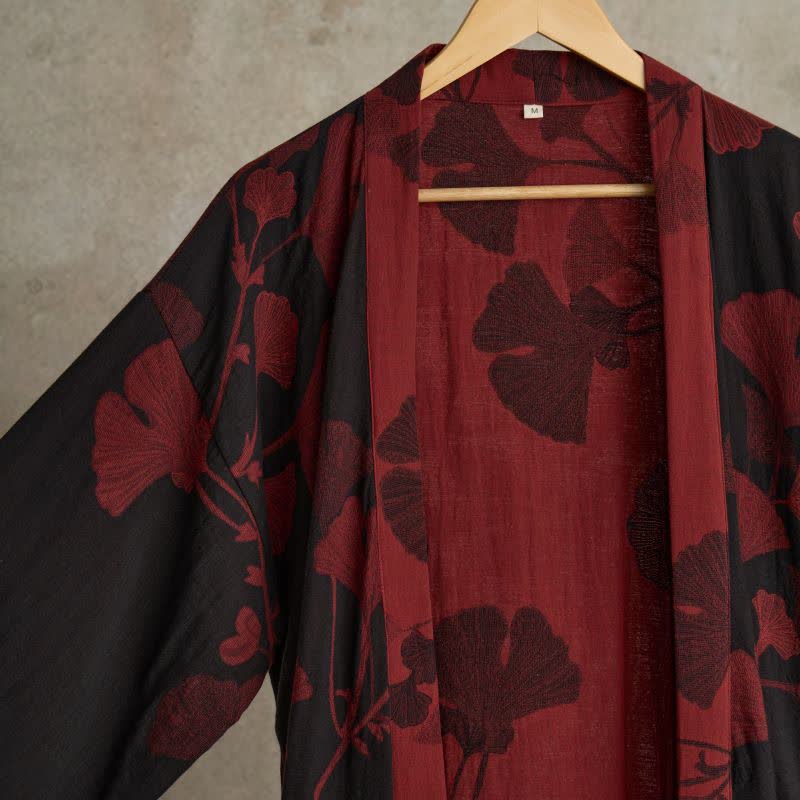 Kimono Peignoir en Coton avec Motif Feuille Réversible