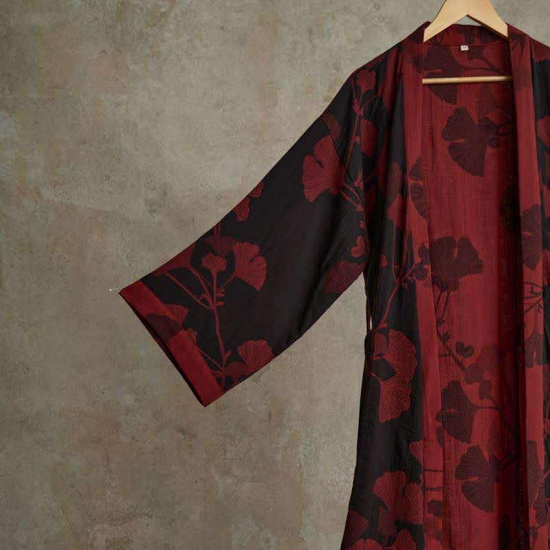 Kimono Peignoir en Coton avec Motif Feuille Réversible