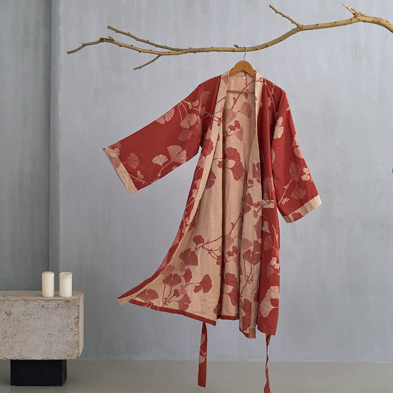 Kimono Peignoir en Coton avec Motif Feuille Réversible
