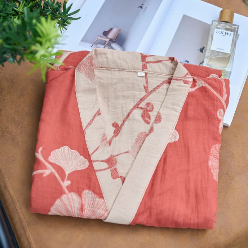 Kimono Peignoir en Coton avec Motif Feuille Réversible