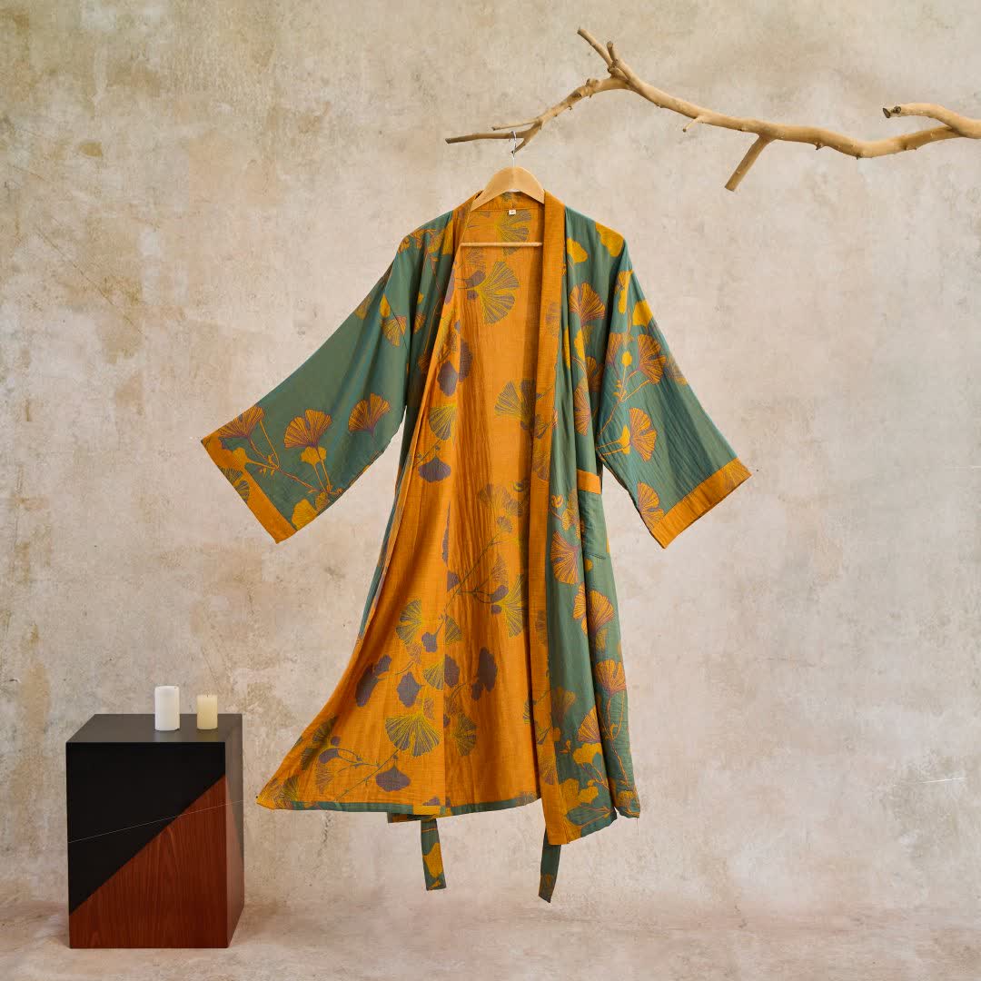 Kimono Peignoir en Coton avec Motif Feuille Réversible